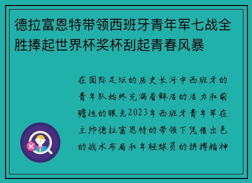 德拉富恩特带领西班牙青年军七战全胜捧起世界杯奖杯刮起青春风暴 德拉富恩特带领西班牙青年军七战全胜捧起世界杯奖杯刮起青春风暴