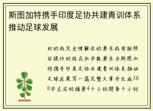 斯图加特携手印度足协共建青训体系推动足球发展 斯图加特携手印度足协共建青训体系推动足球发展